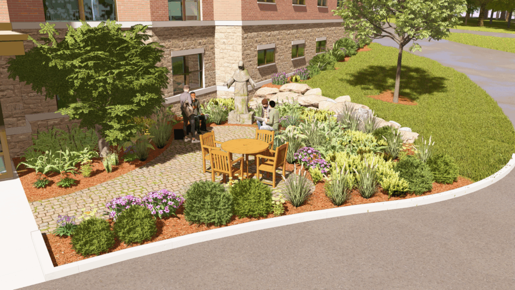 rendering of new garden outside Blessed Solanus Dorm